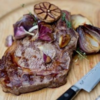Angela Hartnett's rib-eye steak with red onions recipe