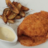 Chicken Schnitzel, Chunky Fries and Chilli Mayonnaise Chicken Schnitzel, Chunky Fries and Chilli Mayonnaise