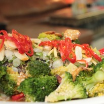 Steamed Salmon in Asian Dressing and Broccoli with Dressing