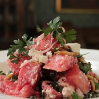 Watermelon and Feta Salad with Black Olives and Glazed Onions Recipe