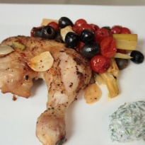 Spatchcock Chicken with herby yogurt dip, roasted fennel and cherry tomatoes Recipe
