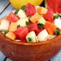 Four Melon Salad with Canola Mint Chutney Pesto
