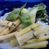 Bok Choy, Baby Corn and Leeks in a Coconut Emulsion