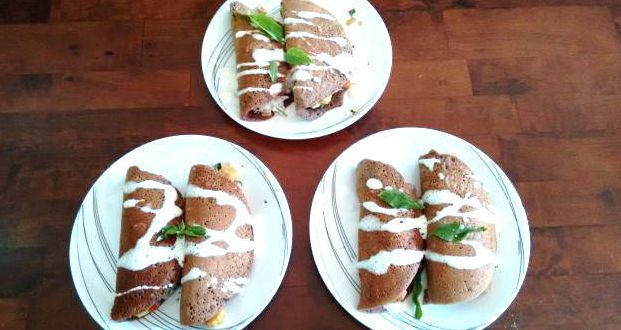 Ragi Pancakes with Sausage Filling and Yoghurt Dip