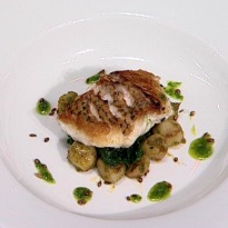 Sea Bream with Three Seed Crunch, Warm Potato Salad and Wilted Spinach