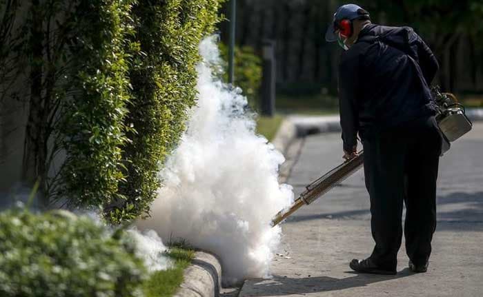 A worker sprays insecticide for mosquitos at a village in Bangkok, Thailand, January 13, 2016.